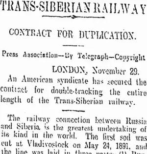 TRANS-SIBERIAN RAILWAY (Otago Daily Times 1-12-1909)