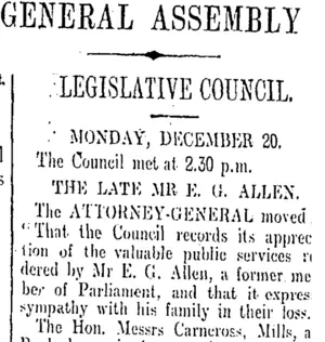 GENERAL ASSEMBLY. (Otago Daily Times 21-12-1909)