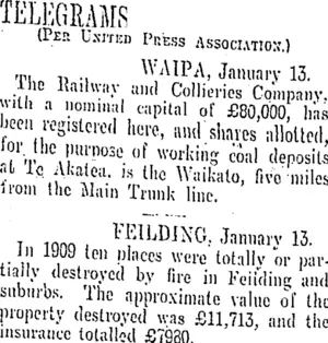 TELEGRAMS. (Otago Daily Times 14-1-1910)