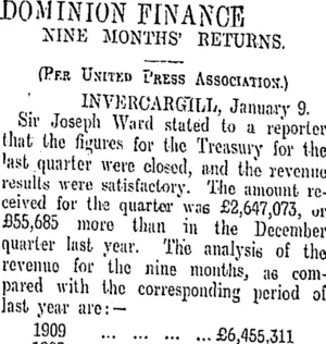 DOMINION FINANCE (Otago Daily Times 10-1-1910)