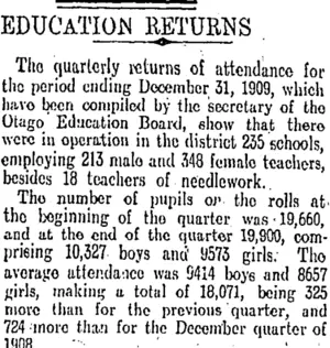 EDUCATION RETURNS (Otago Daily Times 22-1-1910)