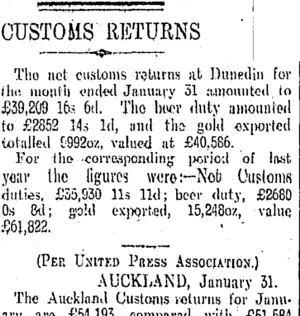 CUSTOMS RETURNS (Otago Daily Times 1-2-1910)