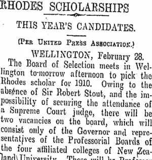 RHODES SCHOLARSHIPS. (Otago Daily Times 1-3-1910)