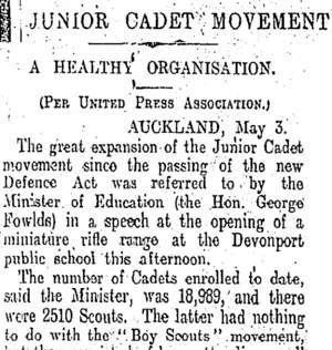 JUNIOR GADET MOVEMENT (Otago Daily Times 4-5-1910)