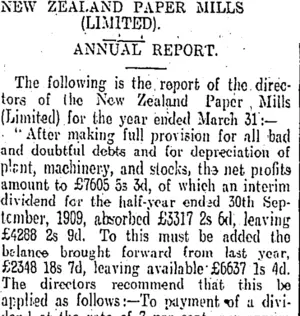NEW ZEALAND PAPER MILLS (LIMITED). (Otago Daily Times 7-5-1910)