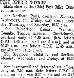 POST OFFICE NOTICES. (Otago Daily Times 27-5-1910)