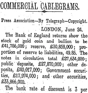 COMMERCIAL CABLEGRAMS. (Otago Daily Times 27-6-1910)
