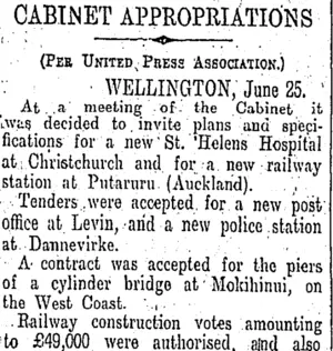 CABINET APPROPRIATIONS (Otago Daily Times 28-6-1910)