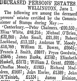 DECEASED PERSONS' ESTATES. (Otago Daily Times 20-6-1910)
