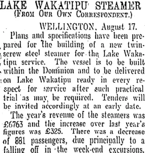 LAKE WAKATIPU STEAMER (Otago Daily Times 18-8-1910)