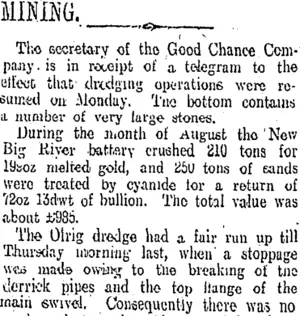 MINING. (Otago Daily Times 7-9-1910)