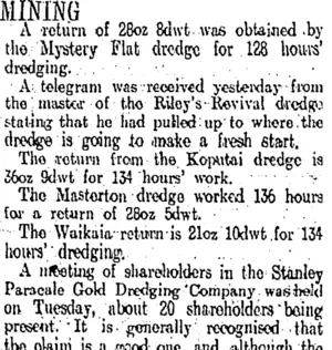 MINING. (Otago Daily Times 2-9-1910)