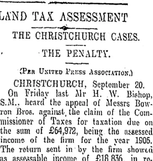 LAND TAX ASSESSMENT. (Otago Daily Times 21-9-1910)