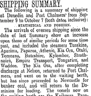 SHIPPING SUMMARY. (Otago Daily Times 10-10-1910)