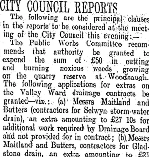 CITY COUNCIL REPORTS (Otago Daily Times 30-11-1910)