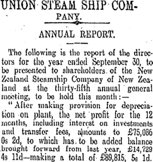 UNION STEAM SHIP COMPANY. (Otago Daily Times 3-12-1910)