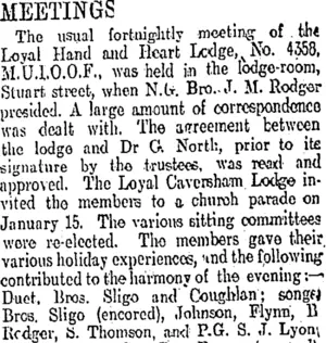 MEETINGS. (Otago Daily Times 14-1-1911)