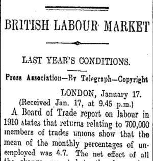 BRITISH LABOUR MARKET (Otago Daily Times 18-1-1911)