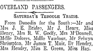 OVERLAND PASSENGERS. (Otago Daily Times 6-2-1911)