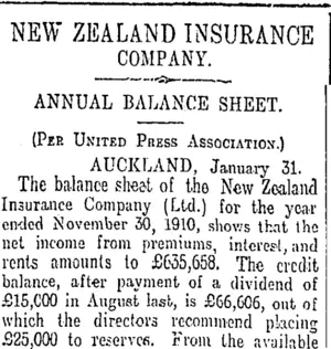 NEW ZEALAND INSURANCE COMPANY. (Otago Daily Times 1-2-1911)