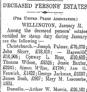 DECEASED PERSONS' ESTATES (Otago Daily Times 1-2-1911)
