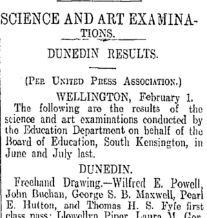 SCIENCE AND ART EXAMINATIONS. (Otago Daily Times 2-2-1911)
