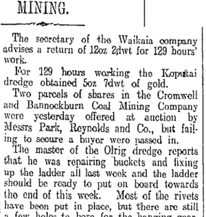 MINING. (Otago Daily Times 17-2-1911)