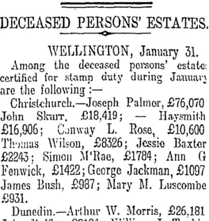 DECEASED PERSONS' ESTATES. (Otago Daily Times 27-2-1911)
