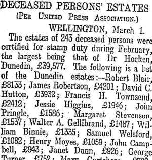 DECEASED PERSONS' ESTATES. (Otago Daily Times 2-3-1911)