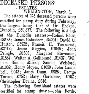 DECEASED PERSONS' ESTATES. (Otago Daily Times 27-3-1911)
