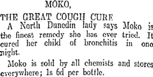 MOKO, THE GREAT COUGH CURE. (Otago Daily Times 23-3-1911)