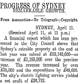 PROGRESS OF SYDNEY (Otago Daily Times 12-4-1911)