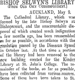 BISHOP SELWYN'S LIBRARY (Otago Daily Times 10-5-1911)