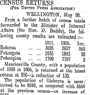 CENSUS RETURNS. (Otago Daily Times 11-5-1911)
