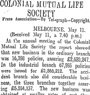 COLONIAL MUTUAL LIFE SOCIETY (Otago Daily Times 12-5-1911)