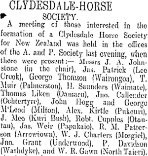 CLYDESDALE-HORSE SOCIETY. (Otago Daily Times 2-6-1911)