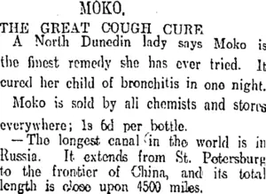 MOKO. THE GREAT COUGH CURE (Otago Daily Times 3-6-1911)