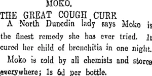 MOKO. THE GREAT COUGH CURE (Otago Daily Times 27-6-1911)