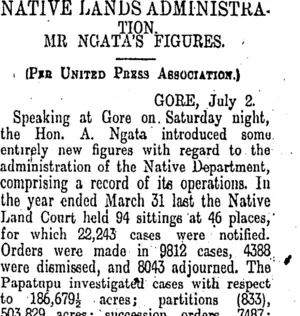 NATIVE LANDS ADMINISTRATION. (Otago Daily Times 3-7-1911)