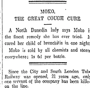 MOKO. THE GREAT COUGH CURE. (Otago Daily Times 18-7-1911)