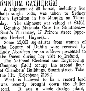 OMNIUM GATHERUM. (Otago Daily Times 31-7-1911)