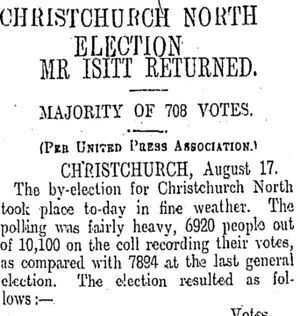 CHRISTCHURCH NORTH ELECTION (Otago Daily Times 18-8-1911)