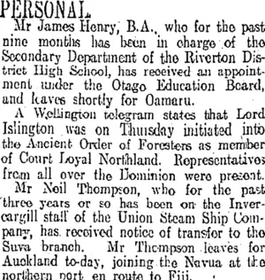 PERSONAL (Otago Daily Times 26-8-1911)