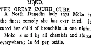 MOKO THE GREAT COUGH CURE (Otago Daily Times 26-8-1911)