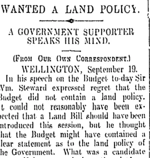 WANTED A LAND FOLICY. (Otago Daily Times 20-9-1911)