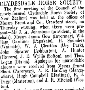 CLYDESDALE HORSE SOCIETY (Otago Daily Times 30-9-1911)