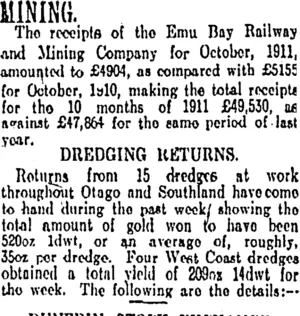 MINING. (Otago Daily Times 20-11-1911)