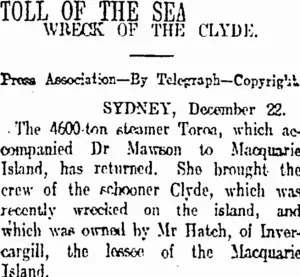 TOLL OF THE SEA. (Otago Daily Times 23-12-1911)