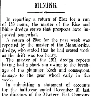MINING. (Otago Daily Times 29-1-1912)