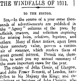 THE WINDFALLS OF 1911. (Otago Daily Times 1-2-1912)